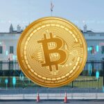 A U.S. Capitol building with a glowing Bitcoin hovering above it, symbolizing political attention on crypto